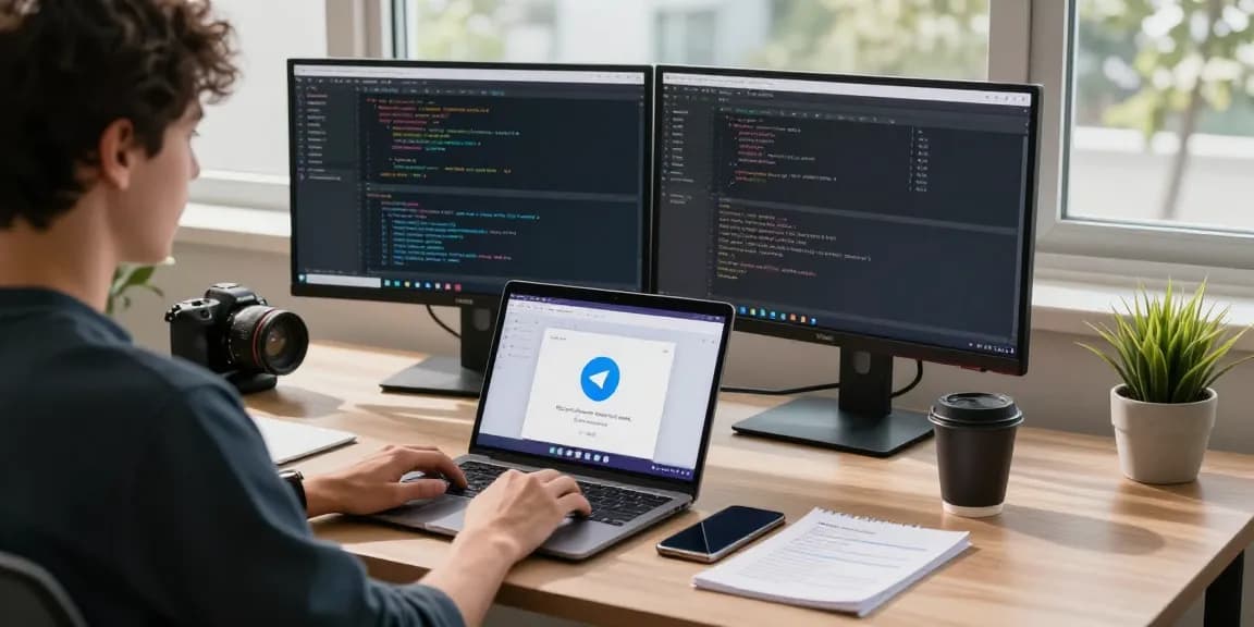 Person setting up Telegram Chinese Version at a modern workspace with coding and messaging on multiple screens.