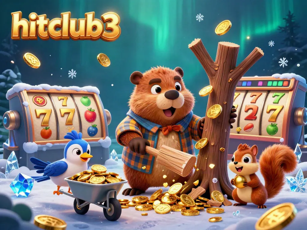 Hitclub3 brings luck with a beaver character showcasing gold coins and slot elements in a vibrant 3D scene.