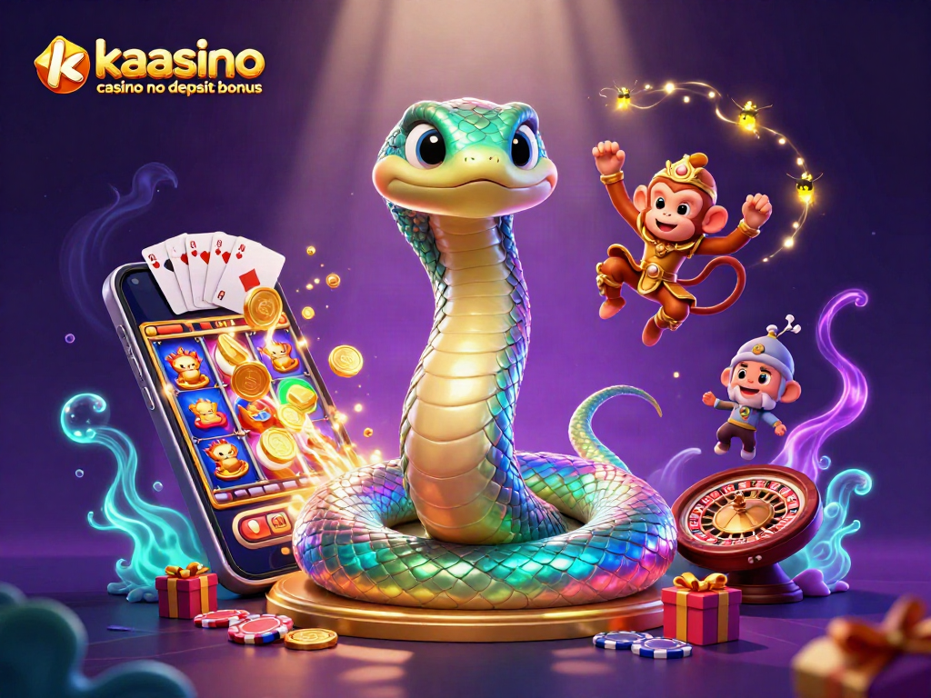Experience the excitement of the kaasino casino no deposit bonus surrounded by vibrant casino elements and characters.