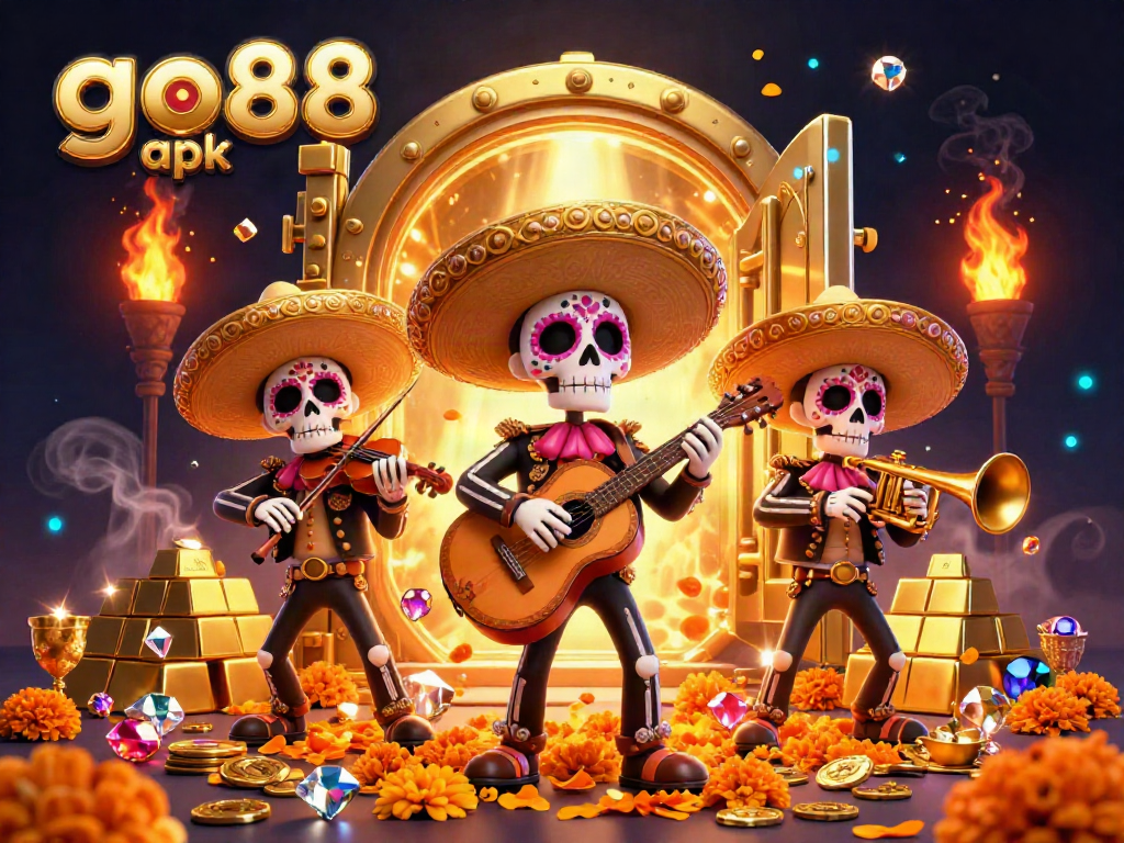 Engage with the dynamic mundo of go88 apk, featuring a colorful skeleton mariachi band amidst a treasure-filled casino scene.
