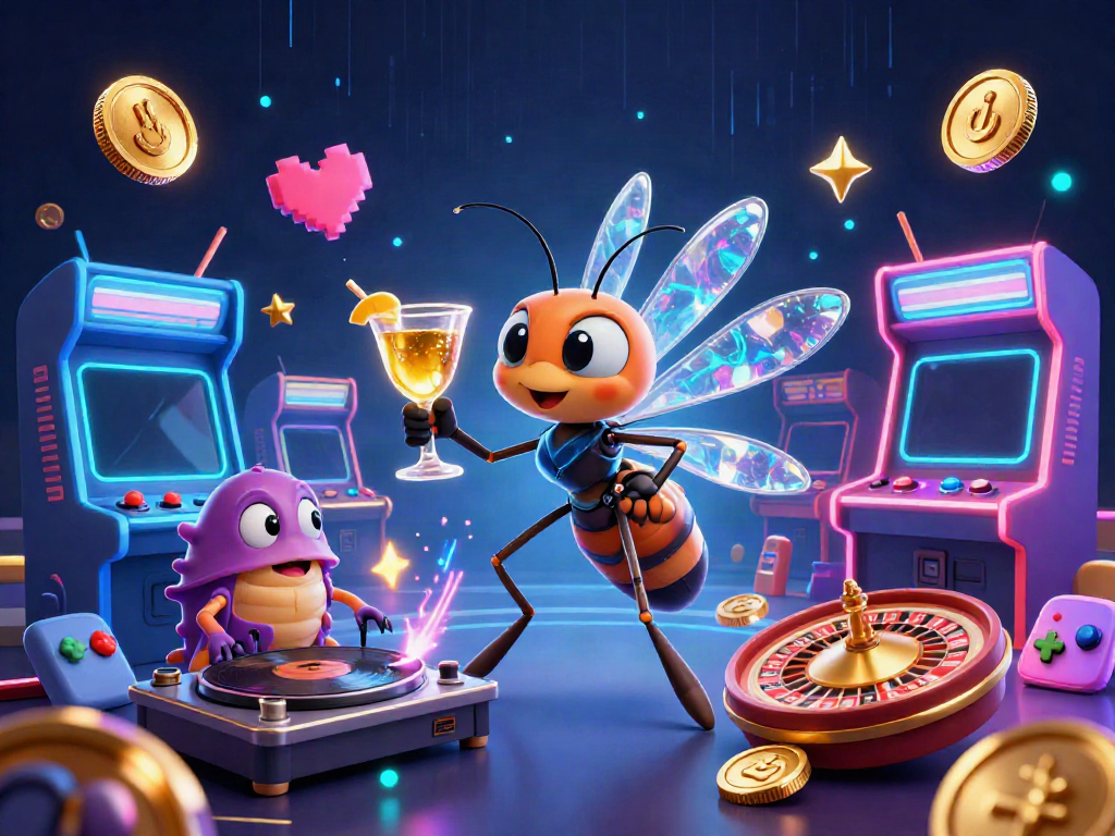 Engage with the thrilling casino experience featuring a 3D mosquito mascot, trilobite DJ, and golden roulette wheel