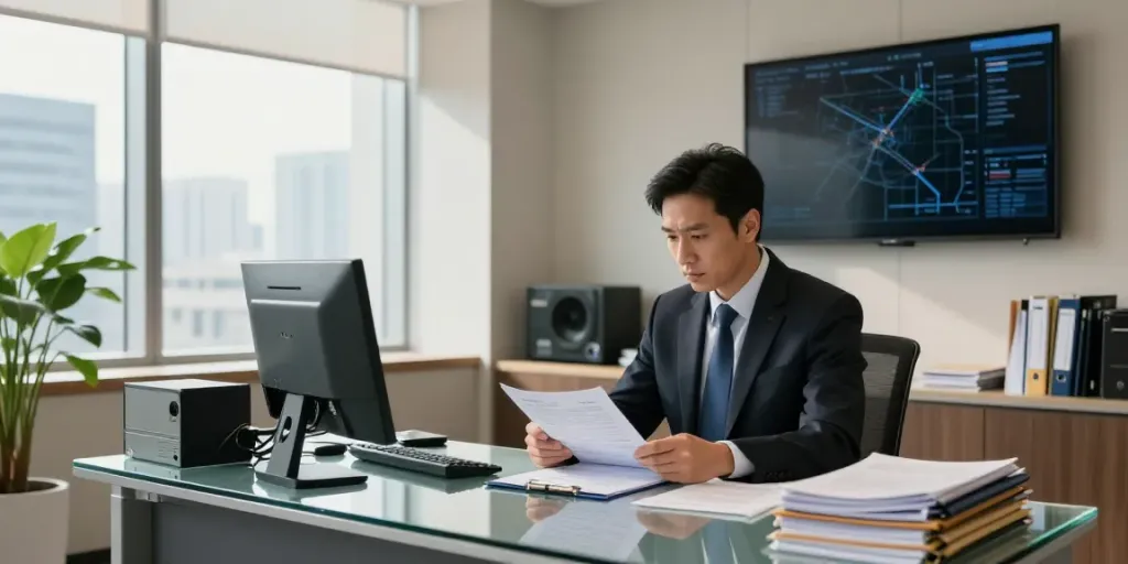굿탐정 private investigation office with a professional detective analyzing case files and digital maps.