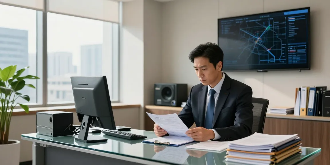 굿탐정 private investigation office with a professional detective analyzing case files and digital maps.