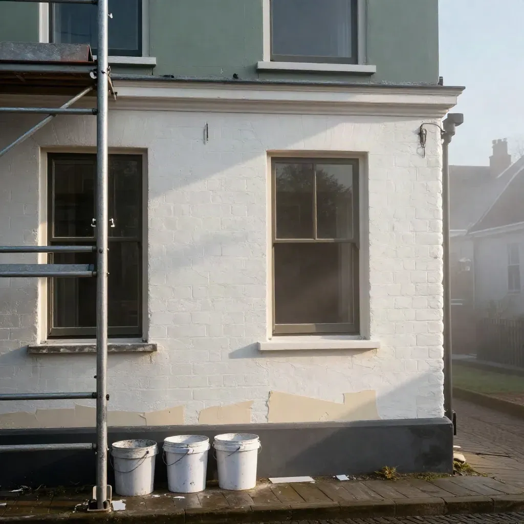 Rijtjeshuisgevel in renovatie met primer, steiger en verfemmers in ochtendnevel.
