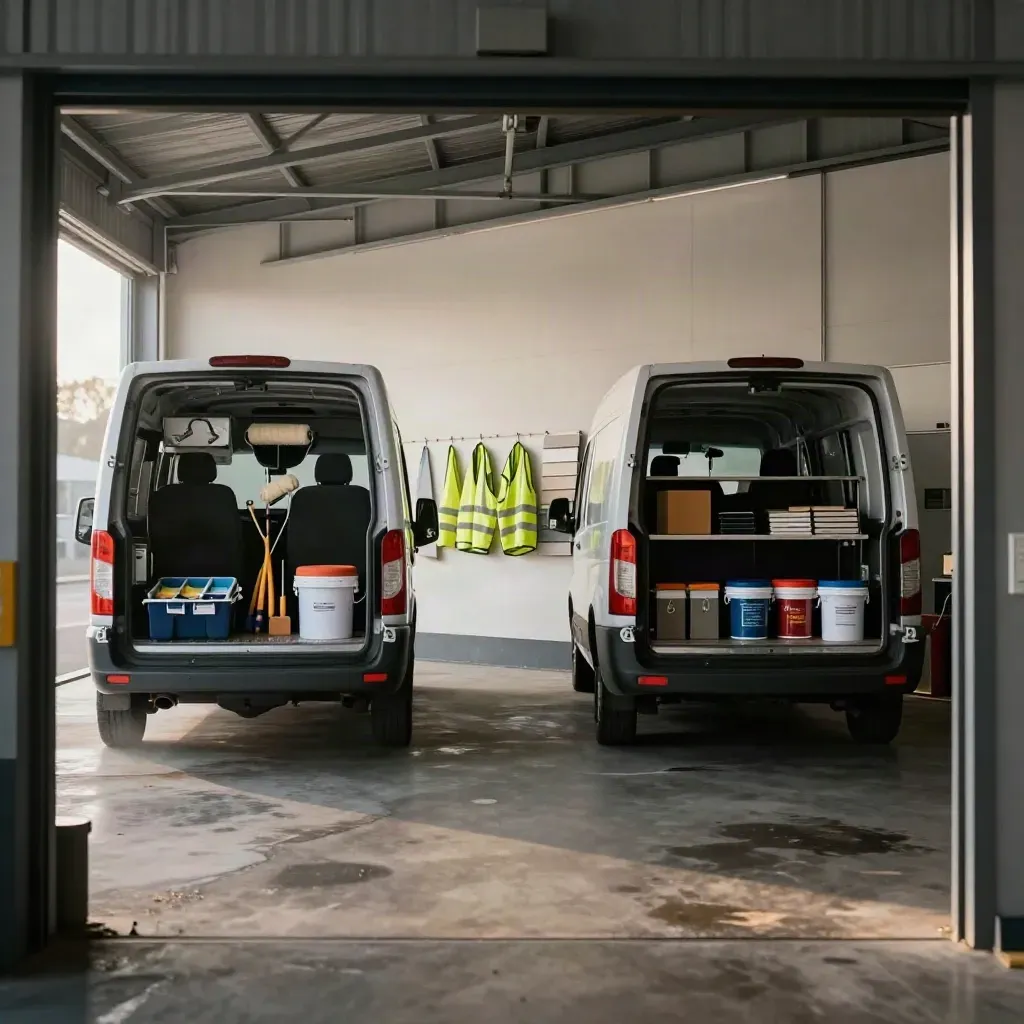 Open bedrijfshal met werkbussen, samplepanelen en veiligheidshesjes in koel ochtendlicht.