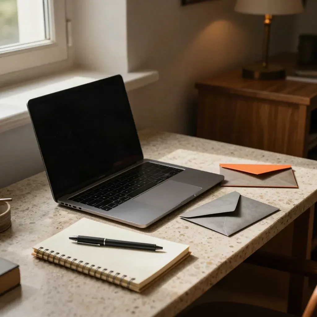 Laptop, notitieboek, pen en envelop op een travertijnen bureau bij warm raamlicht.