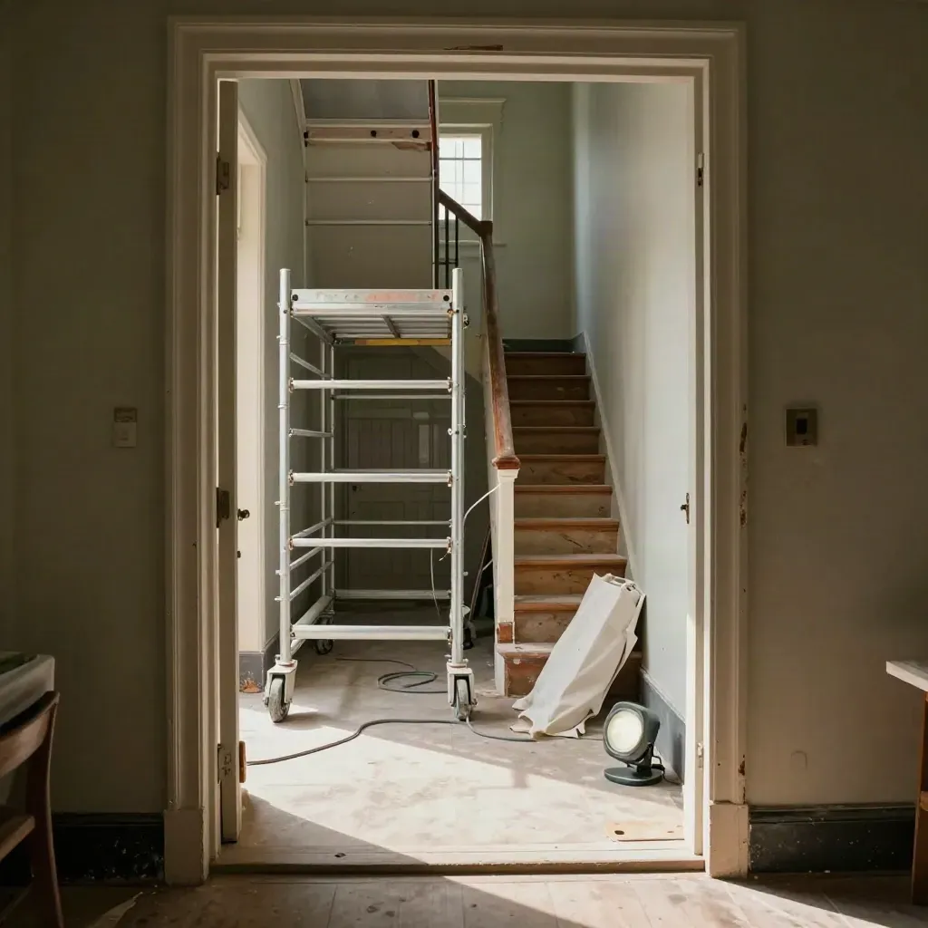 Portiekwoning in renovatie met steiger, doeken en werklampen in een smalle gang.