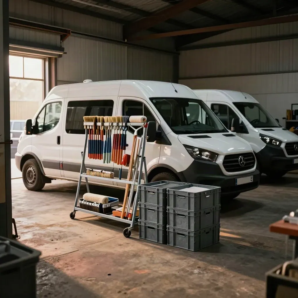 Drie werkbussen, kwastenrekken en gestapelde kratten in een stille loods bij avondlicht.