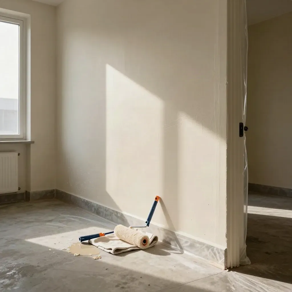 Onderhoudsschilderwerk in een portiekflat, met afgeplakte randen, folie en glanzende verflaag.