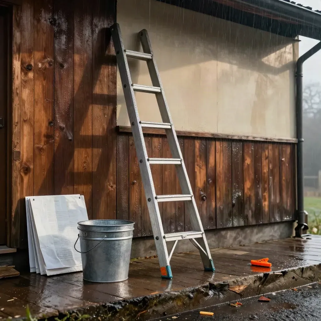 Lage blik op buitenschilderopstelling langs houten gevel, ladder, emmer en wapperende folie.