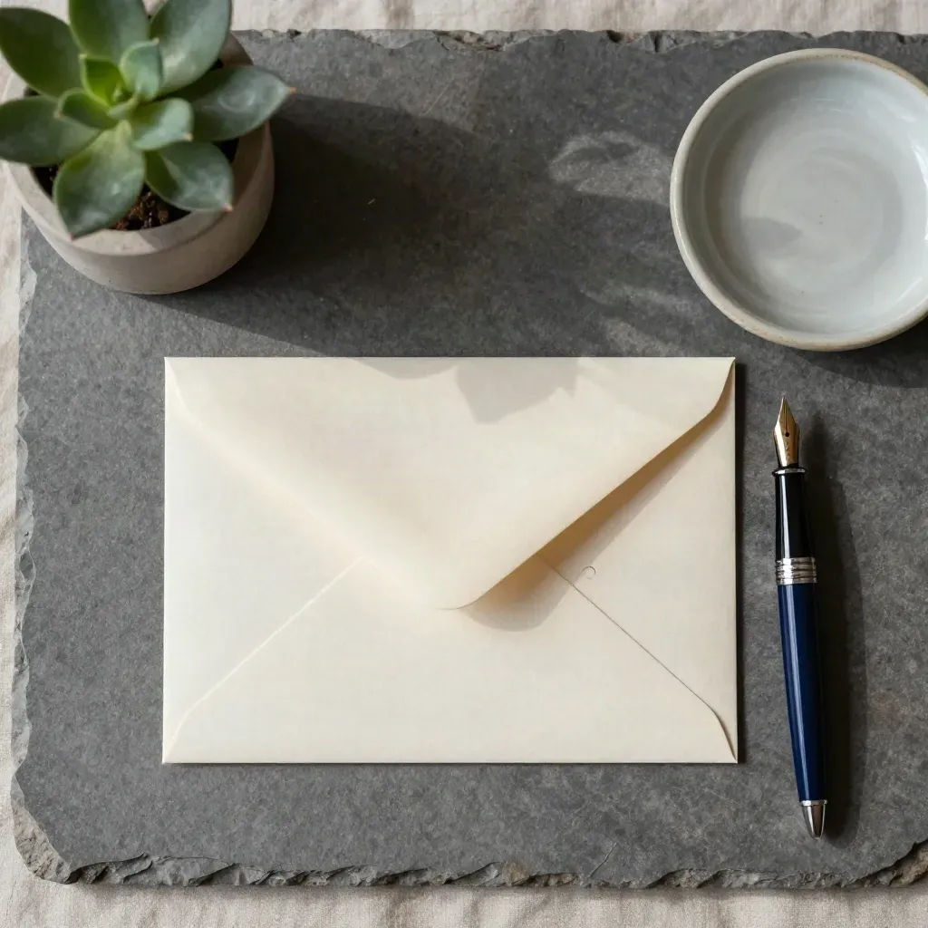 Bovenaanzicht van een envelop, pen, jadeplant en keramische schaal op steen.