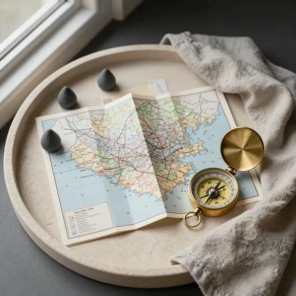 Map met kompas, ponsstenen en linnen doek op een stenen tray, voor salaris per regio.