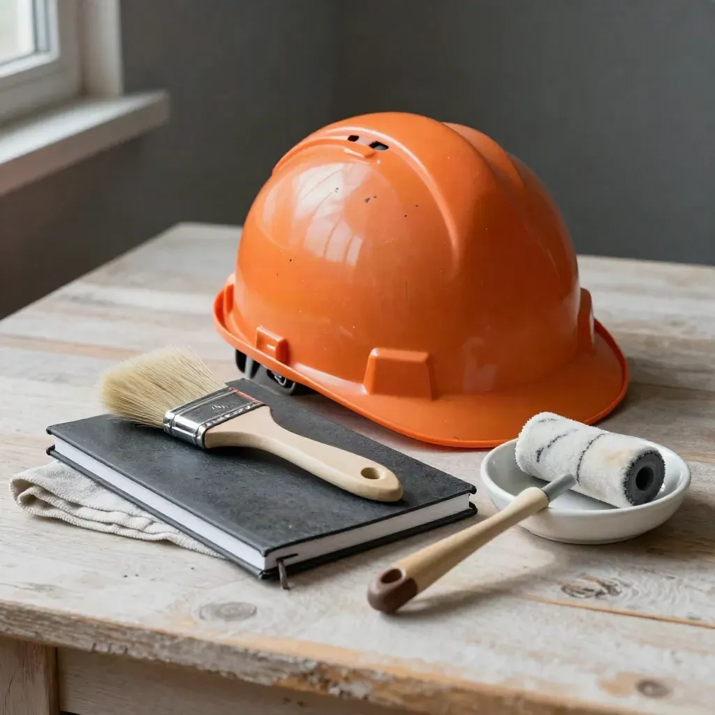 Hardhat, oefenkwast, notitieboek en rollers op een lichte houten tafel voor een leerwerkdag.