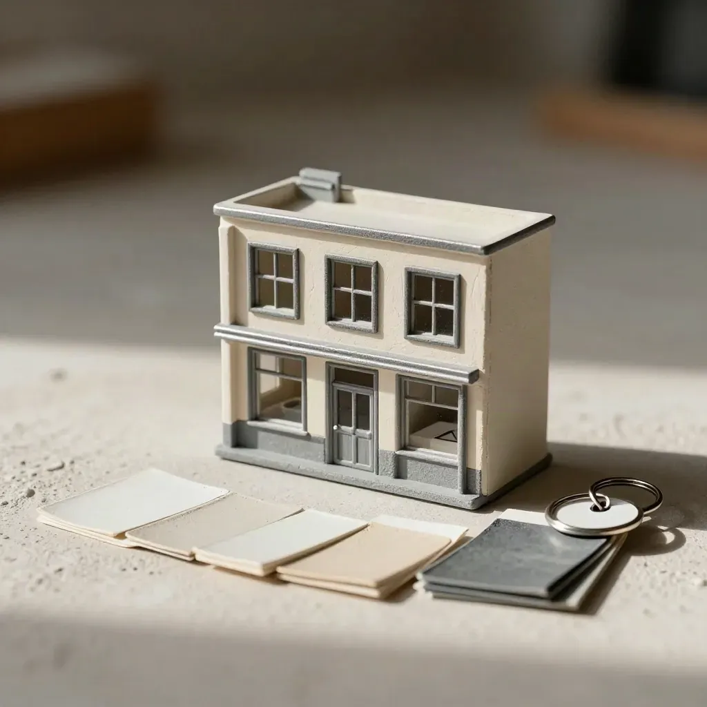 Miniatuur werkplaatsgevel met verfstaalkaarten en sleutelhanger op een lichte pleistersweep.