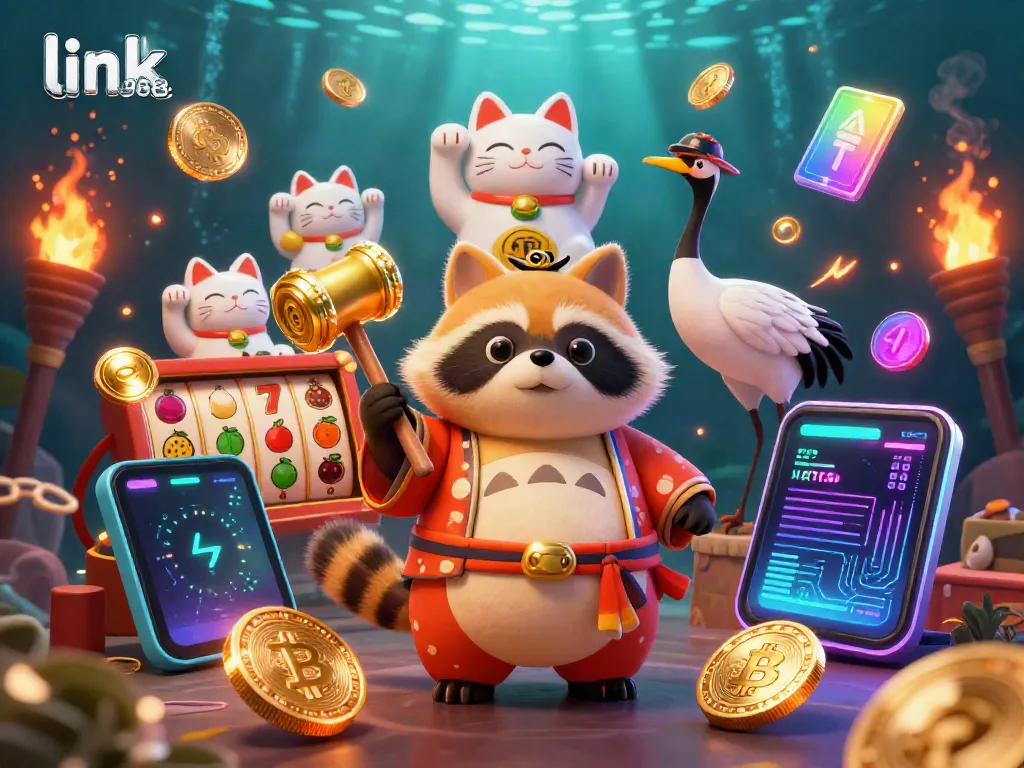 Engage in exciting wins with link go88 as a cheerful tanuki and fortune cats create a vibrant casino atmosphere.