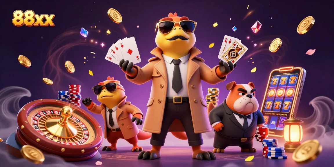 Experience thrilling fun with 88xx in a vibrant casino scene featuring three raptors in a trench coat.