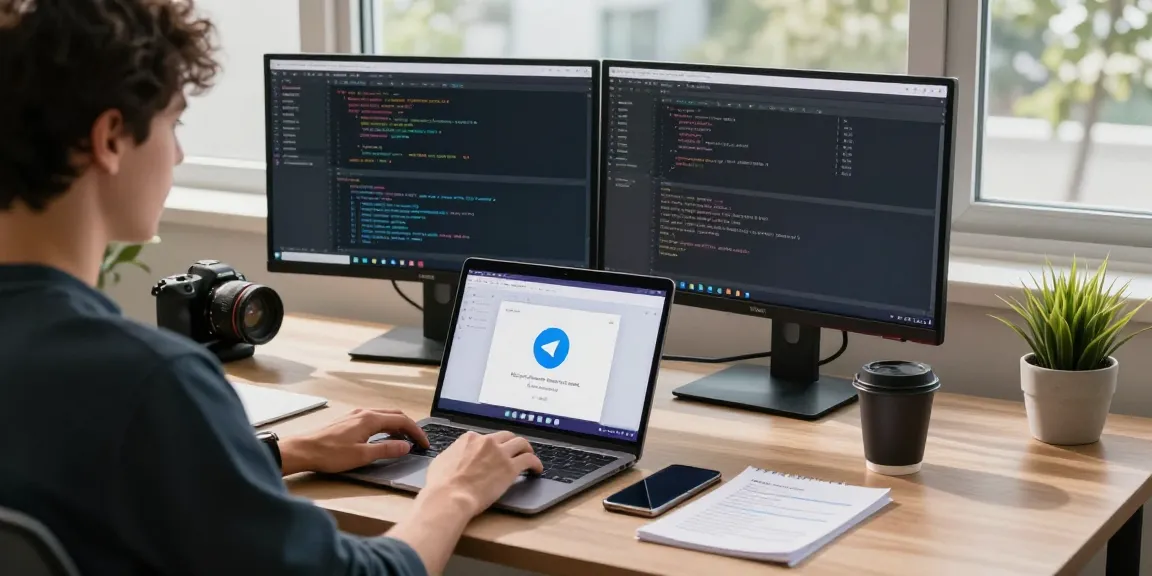 Person setting up Telegram Chinese Version at a modern workspace with coding and messaging on multiple screens.