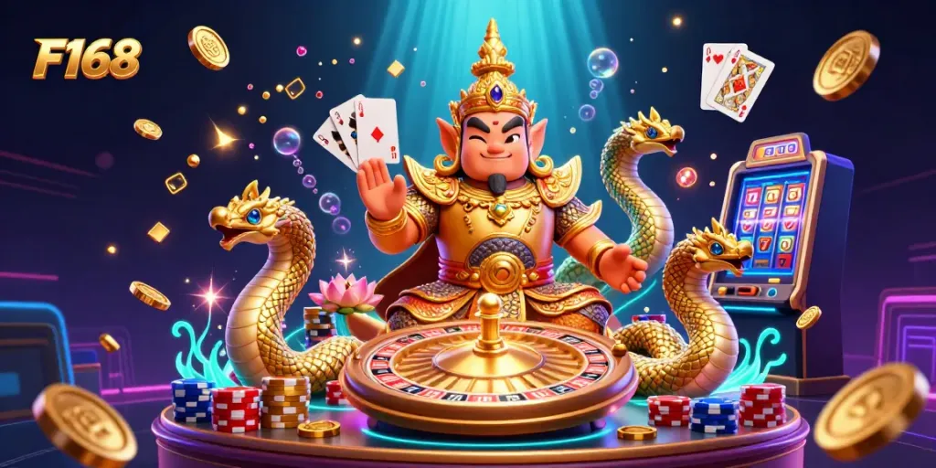 Win big with F168's vibrant 3D casino illustration showcasing dynamic gaming elements and a Thai guardian.