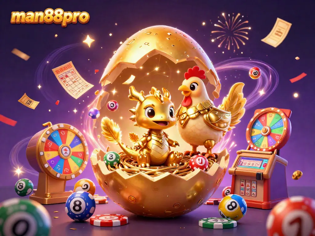 Win big at man88pro with a dazzling dragon emerging from a golden egg, surrounded by lively casino elements.