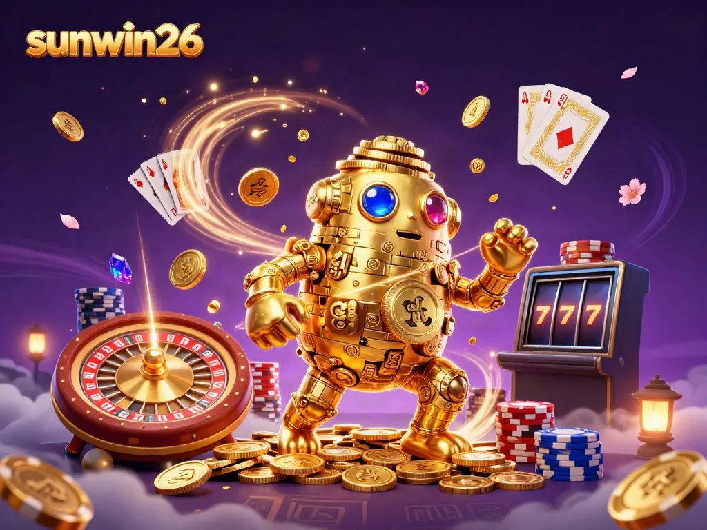 Experience the thrill with sunwin26 in this vibrant 3D casino illustration featuring a golden golem surrounded by casino elements.