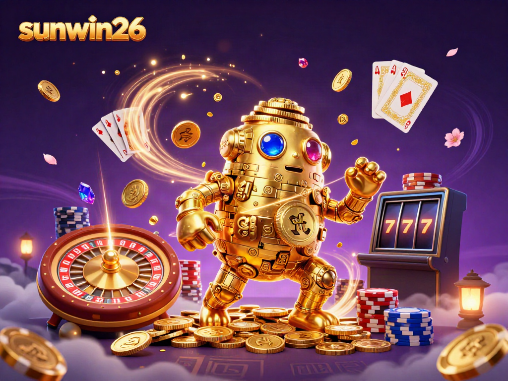Experience the thrill with sunwin26 in this vibrant 3D casino illustration featuring a golden golem surrounded by casino elements.