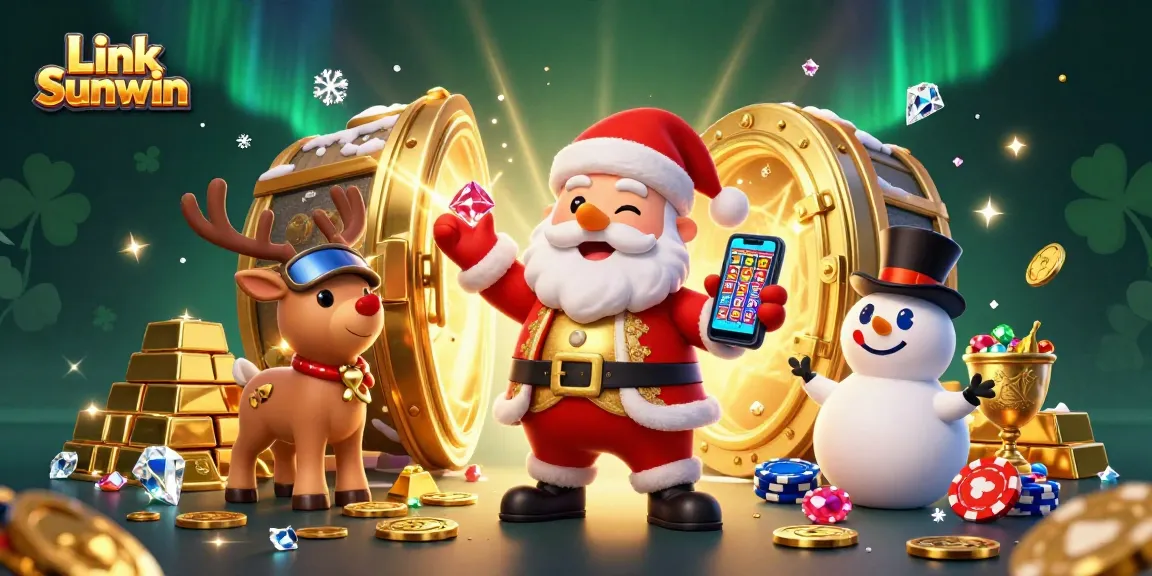 Experience winning strategies with Link Sunwin in this vibrant casino illustration featuring festive characters.