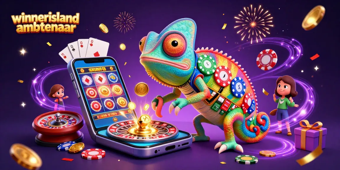 Engage with winnerisland ambtenaar while enjoying colorful slot games and golden coins erupting in casino atmosphere.