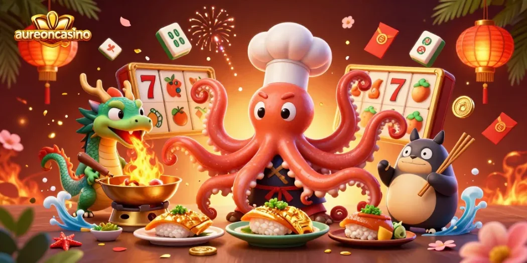 Aureoncasino offers vibrant casino gaming action with a lively scene featuring an octopus sushi chef and dynamic game elements.